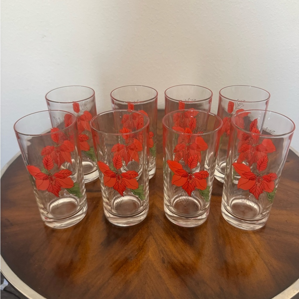8 Crisal Portugal 12 Ounce Poinsettia Highball Glasses   Fantastic condition